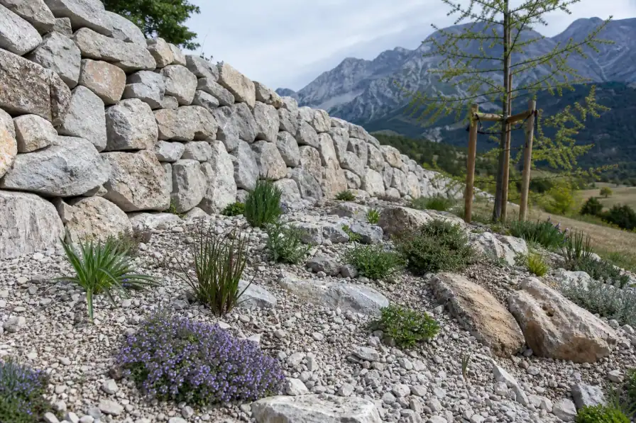 Massif de vivaces de montagne tout juste planté au pied d'un muret de pierre, paillage minéral clair, jeune mélèze tuteuré, sol caillouteux visible.