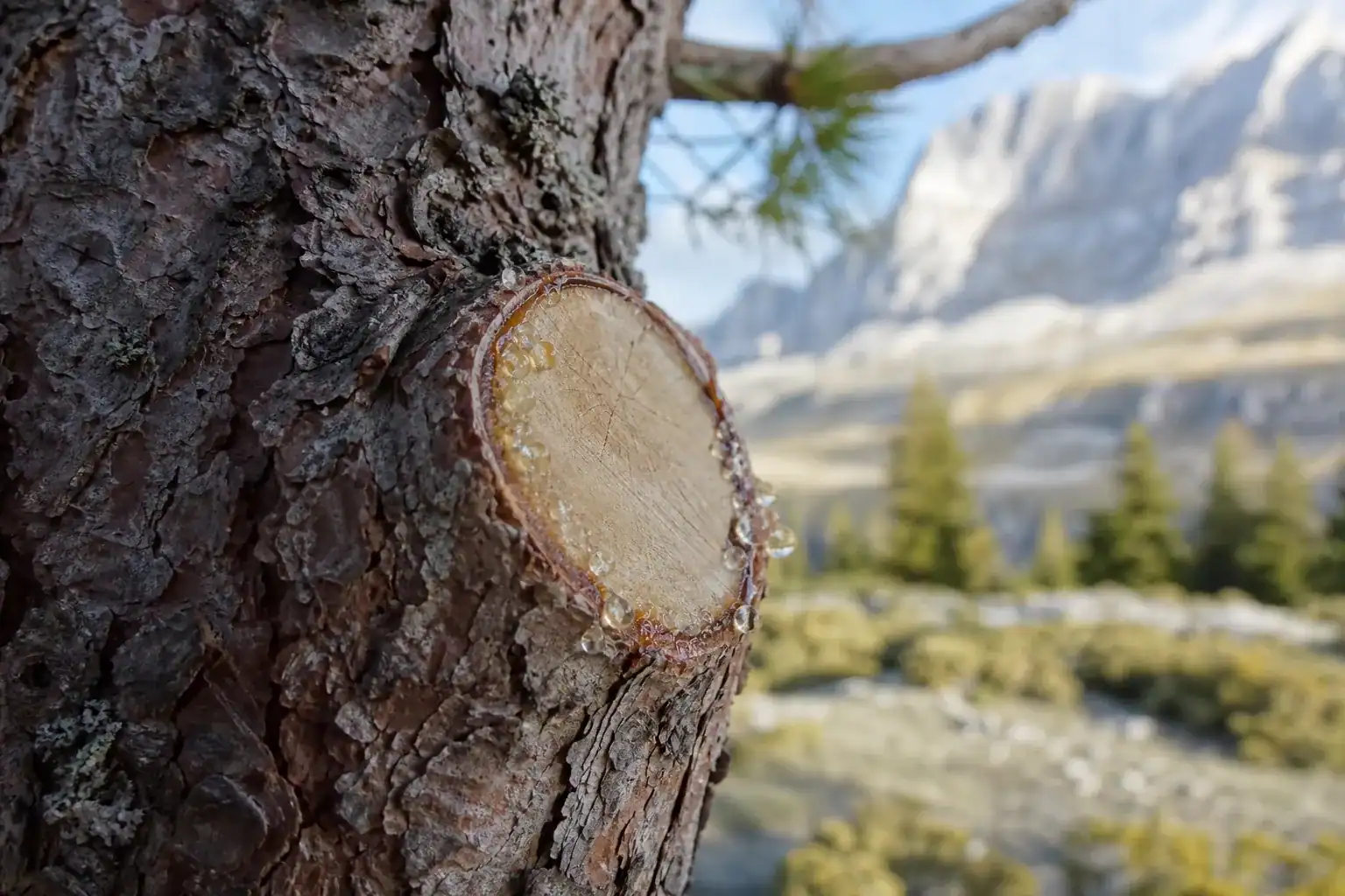 Gros plan sur une coupe d'élagage nette au ras du col de la branche d'un pin, écorce intacte autour, gouttes de sève, lumière rasante d'altitude.