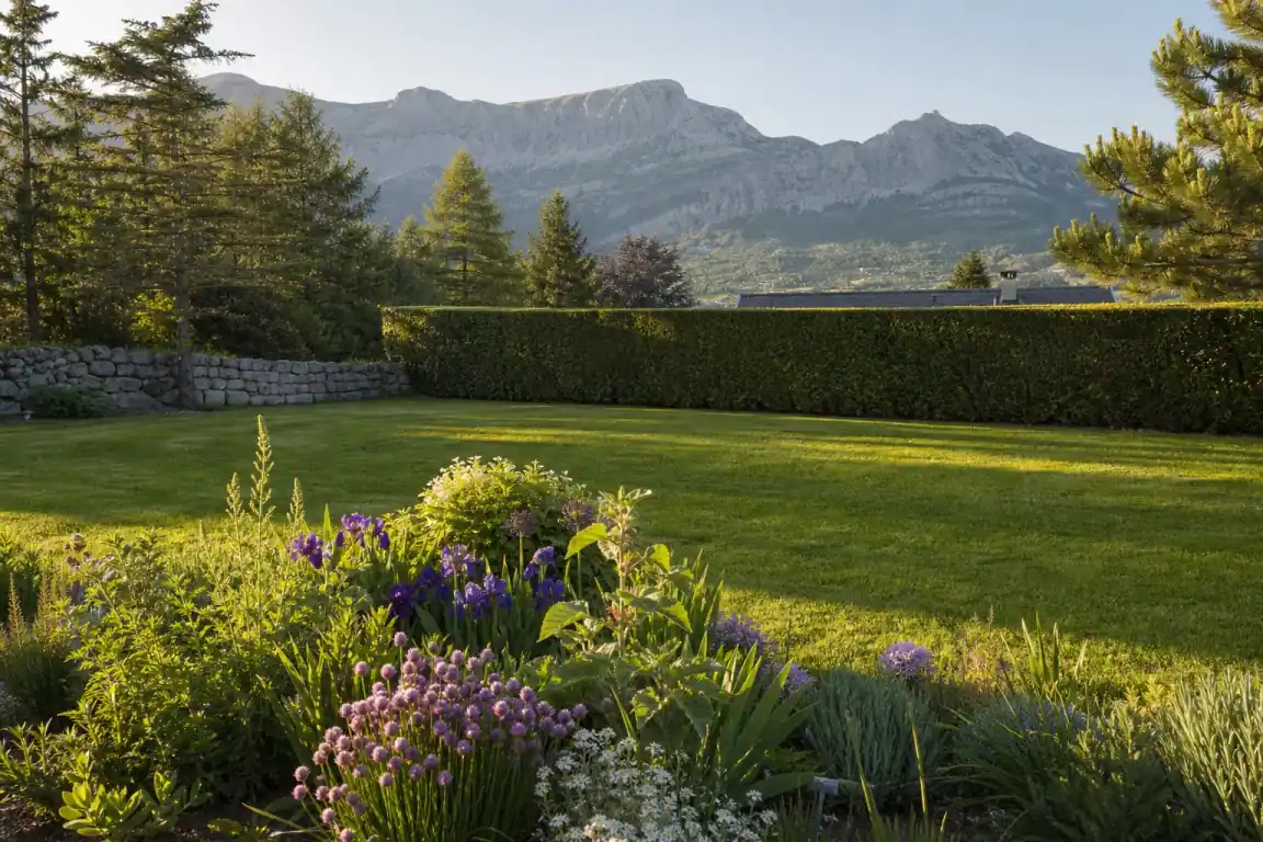 Jardin de particulier gapençais vu depuis la terrasse : pelouse dense fraîchement tondue, haie de charmille taillée net, massif fleuri de vivaces au premier plan, lumière rasante dorée, aucune personne visible.