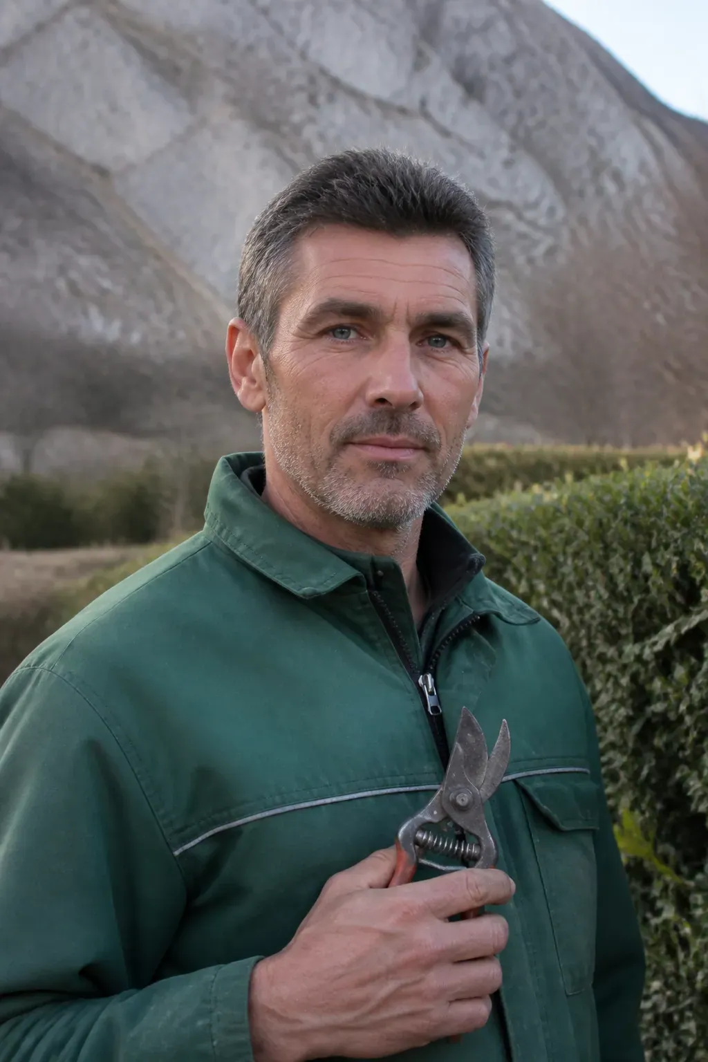 Portrait naturel en extérieur d'un homme d'une quarantaine d'années, veste de travail verte de jardinier, sécateur à la main, haie taillée floue en arrière-plan, expression sobre et confiante, cadrage buste, lumière douce de fin de journée, aucune retouche apparente.