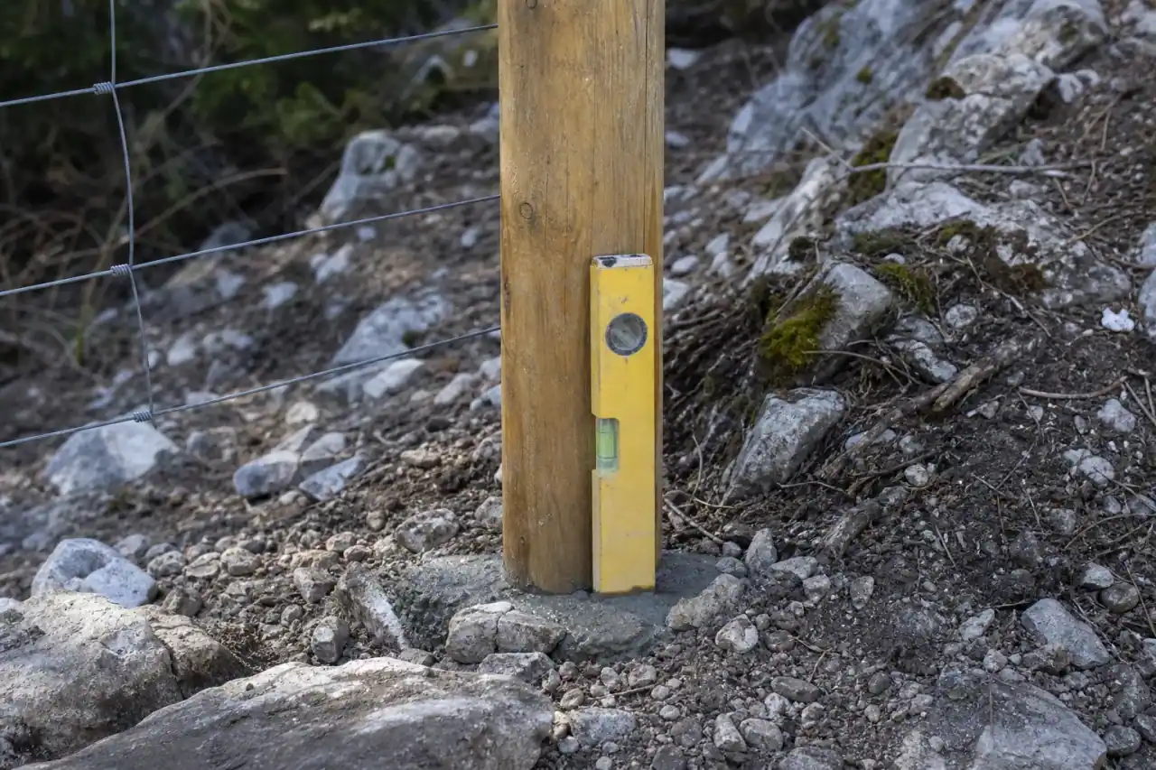 Gros plan sur un poteau de clôture scellé dans un sol caillouteux gapençais, béton de fondation visible, niveau posé contre le montant, roche claire du terrain autour.