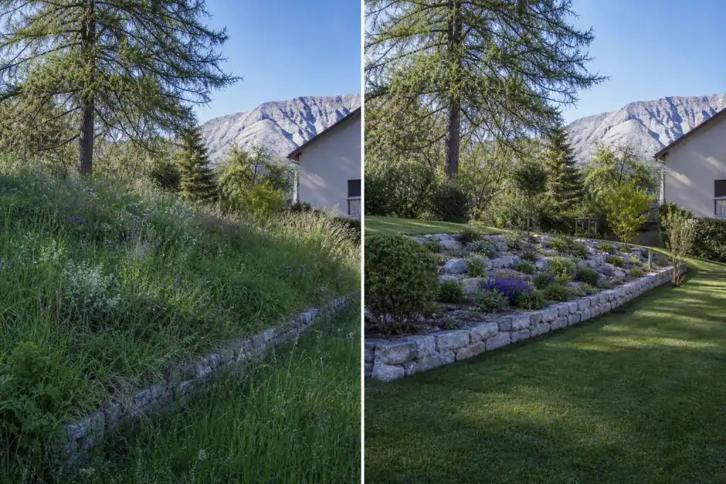 Bande avant/après d'un même jardin de faubourg gapençais : à gauche pelouse haute et massif envahi, à droite pelouse tondue net et bordure au cordeau, même angle, même lumière.