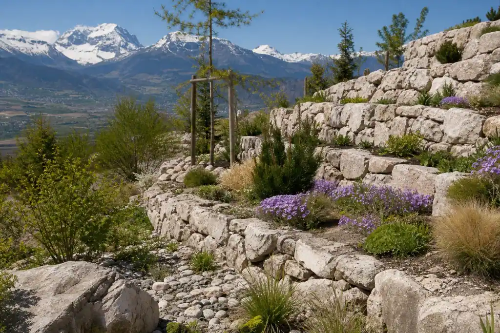Jardin de particulier fraîchement créé sur un coteau de Gap, restanques de pierre claire retenant des massifs de vivaces rustiques, jeune mélèze tuteuré face au vent, rocaille sèche au premier plan, sommets enneigés en fond, lumière vive d'altitude, aucune personne visible.