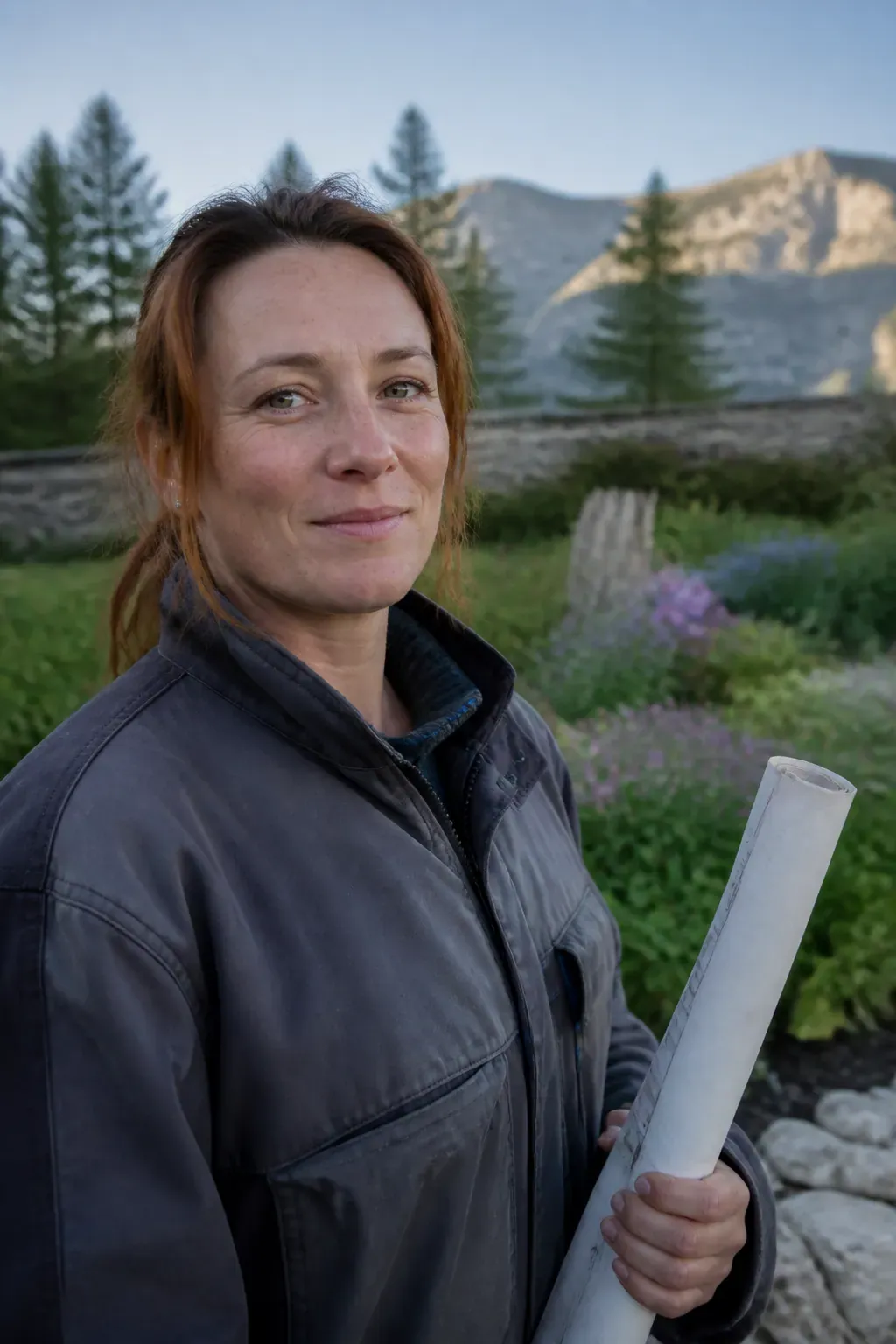Portrait en extérieur d'une femme d'une trentaine d'années, veste de travail, un plan de jardin roulé à la main, massif fleuri de vivaces flou derrière elle, expression posée et avenante, cadrage buste, lumière de fin de journée.