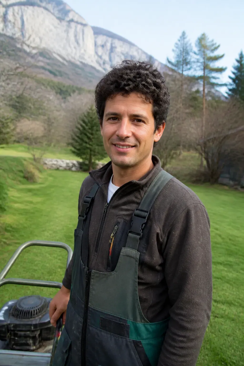 Portrait d'un homme d'une trentaine d'années en tenue de jardinier, debout près d'une tondeuse thermique, pelouse fraîchement tondue en arrière-plan flou, regard franc, cadrage buste, ambiance de matinée claire.